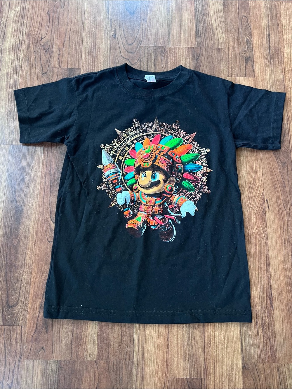 Super Mario Aztec Warrior Kids 10-12 Double Sided Graphic Tee Black